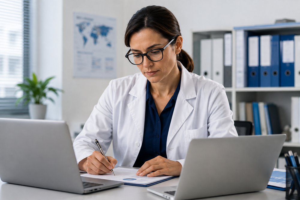Médica investigadora en un entorno sanitario